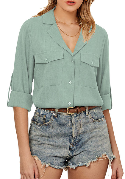 Granite Green Women's Button-Down Solid Color Tops Loose Long Sleeve Casual Work Blouses