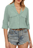 Granite Green Women's Button-Down Solid Color Tops Loose Long Sleeve Casual Work Blouses