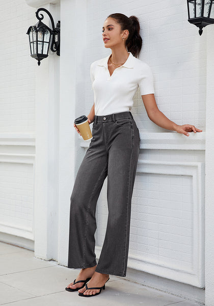 Stormy Black for Women's Effortlessly Stylish High Waisted Wide Leg  Pull-On Stretchy Jean Pants with Functional Pockets
