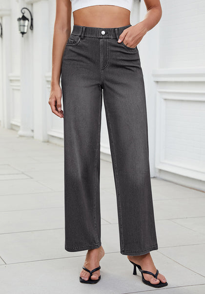 Stormy Black for Women's Effortlessly Stylish High Waisted Wide Leg  Pull-On Stretchy Jean Pants with Functional Pockets