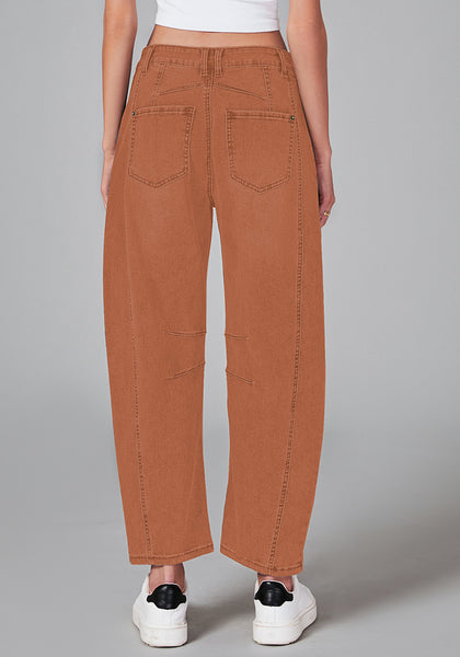 Caramel Women's Cropped Denim High Waisted Jeans Pull On Straight Leg Stretch Barrel Jeans