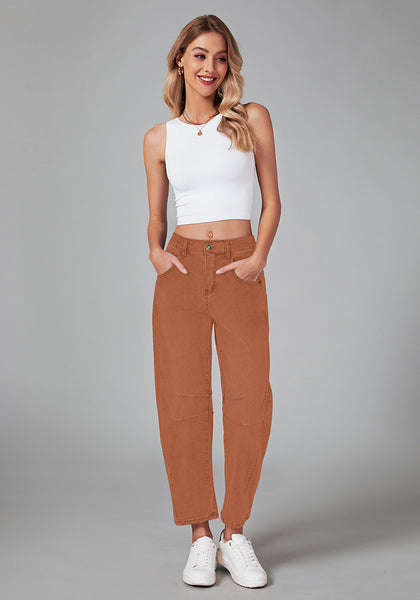 Caramel Women's Cropped Denim High Waisted Jeans Pull On Straight Leg Stretch Barrel Jeans