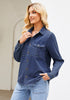 2025 Cobalt Blue Denim Shirt For Women's Rugged Shirt Cotton Soft Two Pocket Button Front Long Sleeve Blouse Top