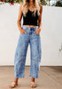 Women's Cropped Denim High Waisted Jeans Pull On Straight Leg Stretch Barrel Jeans
