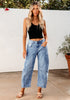 Women's Cropped Denim High Waisted Jeans Pull On Straight Leg Stretch Barrel Jeans