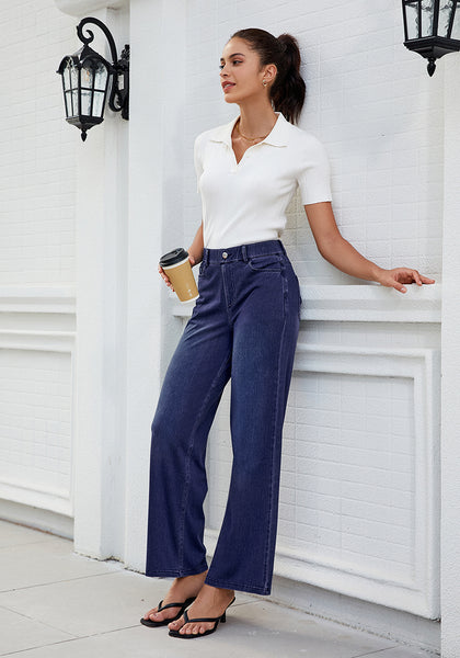 Nightfall Blue for Women's Effortlessly Stylish High Waisted Wide Leg  Pull-On Stretchy Jean Pants with Functional Pockets