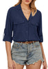 Dark Blue Women's Button-Down Solid Color Tops Loose Long Sleeve Casual Work Blouses