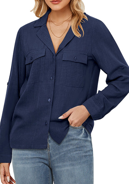 Dark Blue Women's Button-Down Solid Color Tops Loose Long Sleeve Casual Work Blouses