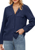 Dark Blue Women's Button-Down Solid Color Tops Loose Long Sleeve Casual Work Blouses