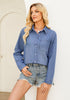 Indigo Medium Blue Denim Shirt For Women Button Front Blouse Broken-in  Business Casual Lightweight Long Shirt Sleeve