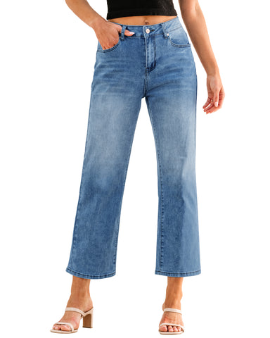 Medium Blue Women's High Waisted Straight Leg Jeans Kick Flare Denim Long Pants