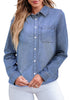 Indigo Medium Blue Denim Shirt For Women Button Front Blouse Broken-in  Business Casual Lightweight Long Shirt Sleeve