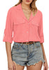Coral Red Women's Button-Down Solid Color Tops Loose Long Sleeve Casual Work Blouses