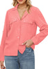 Coral Red Women's Button-Down Solid Color Tops Loose Long Sleeve Casual Work Blouses
