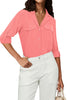 Coral Red Women's Button-Down Solid Color Tops Loose Long Sleeve Casual Work Blouses