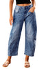 Midnight Blue Women's Cropped Denim High Waisted Jeans Pull On Straight Leg Stretch Barrel Jeans