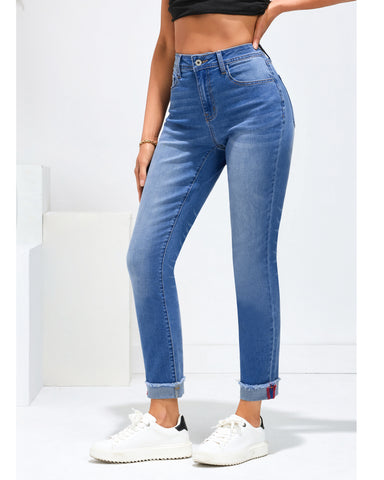 Classic Blue Women's High Waisted Straight Leg Jeans Cuffed Raw Hem Denim Jeans Pants