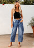 Midnight Blue Women's Cropped Denim High Waisted Jeans Pull On Straight Leg Stretch Barrel Jeans