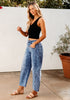 Midnight Blue Women's Cropped Denim High Waisted Jeans Pull On Straight Leg Stretch Barrel Jeans