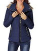 Front view of model wearing navy blue faux fur hooded zip up quilted jacket