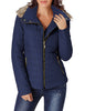 Model wearing navy blue faux fur hooded zip up quilted jacket