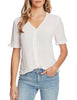 Model wearing white ruffle trim short sleeves V-neck button-down top