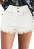 Front view of model wearing white frayed raw hem distressed high-waist denim shorts