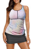 Frontal view of model wearing white zip-front racerback drawstring tankini set