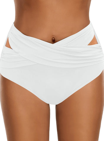 White Crisscross-Waist Cutout Ruched Bikini Bottom