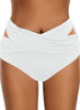 Front view of model wearing white crisscross-waist cutout ruched bikini bottom