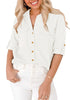 Front view of model wearing white long cuffed sleeves lapel button-up top
