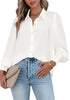 Front view of model wearing white lantern sleeves button-down pleated chiffon top