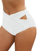 Side view of model wearing white crisscross-waist cutout ruched bikini bottom