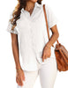 Posing model wearing white short cuffed sleeves pockets button-up top