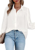 Model poses wearing white lantern sleeves button-down pleated chiffon top