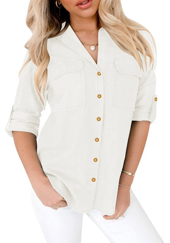White Long Cuffed Sleeves Lapel Button-Up Top