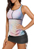 Angle view of model wearing white zip-front racerback drawstring tankini set