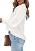Side view of model wearing white lantern sleeves button-down pleated chiffon top