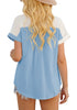 Back view of model wearing white short sleeves colorblock button-up top