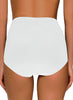 Back view of model wearing white crisscross-waist cutout ruched bikini bottom