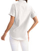 Back view of model wearing white short cuffed sleeves pockets button-up top