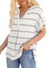 Angled shot of model wearing white split V-neckline batwing sleeves striped loose top