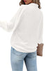 Back view of model wearing white lantern sleeves button-down pleated chiffon top