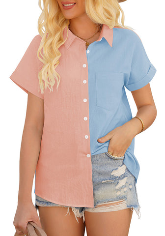 Blush Pink Short Sleeves Colorblock Button-Up Top