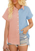 Front view of model wearing blush pink short sleeves colorblock button-up top