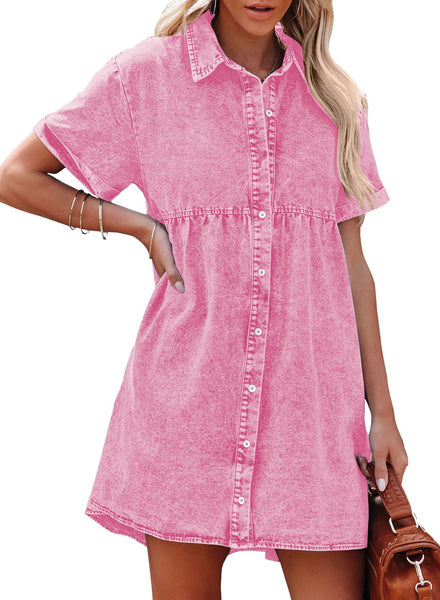 Women's Short Sleeve Button Down Flowy Tiered Babydoll Denim Dress