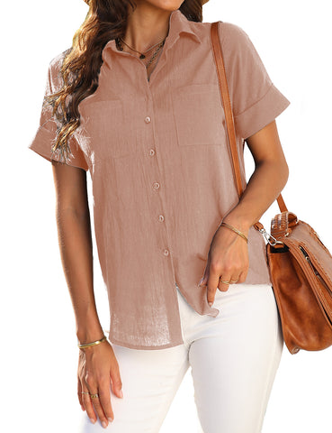 Blush Short Cuffed Sleeves Pockets Button-Up Top