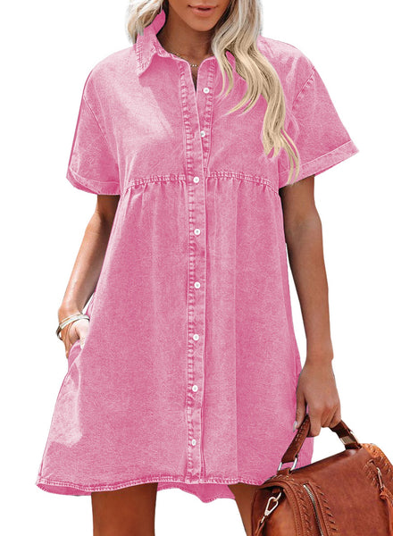 Aurora Pink Women's Short Sleeve Button Down Flowy Tiered Babydoll Denim Dress