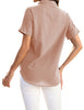 Back view of model wearing blush short cuffed sleeves pockets button-up top
