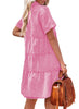 Aurora Pink Women's Short Sleeve Button Down Flowy Tiered Babydoll Denim Dress